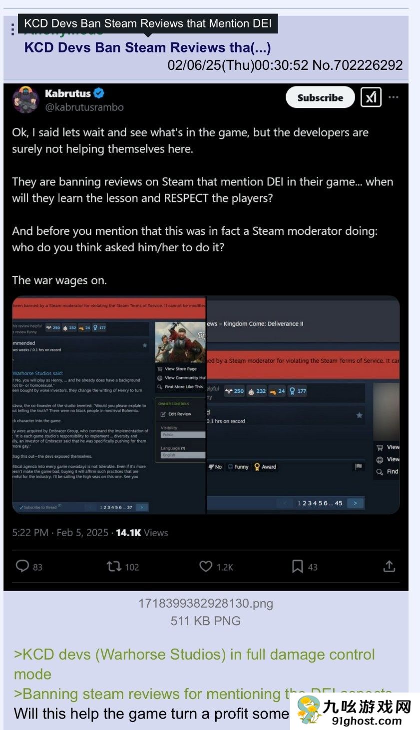 《天国：拯救2》禁止大家在Steam上讨论DEI