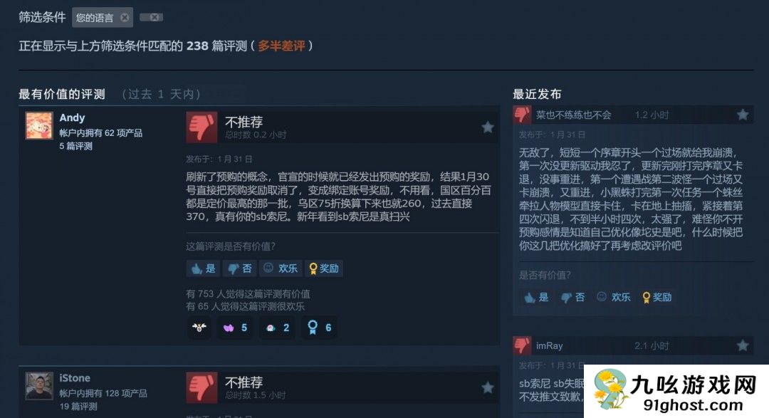 优化太烂！《漫威蜘蛛侠2》Steam中文区多半差评