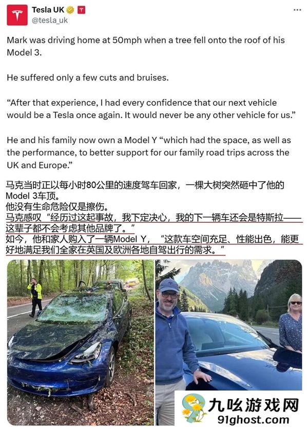 特斯拉Model  3被大树砸中护住乘员安全 车主又提新车支持马斯克