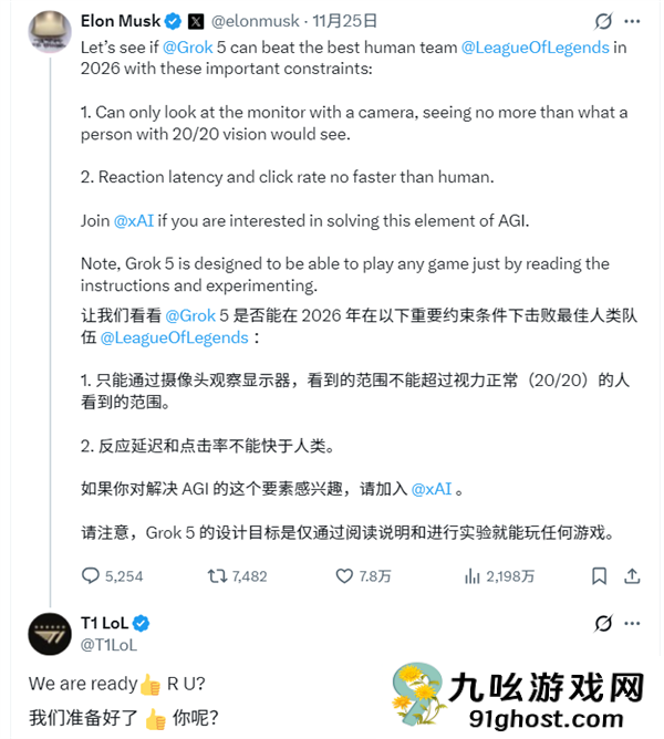 AI挑战世界最强LOL战队：T1答应与马斯克Grok  5对战！